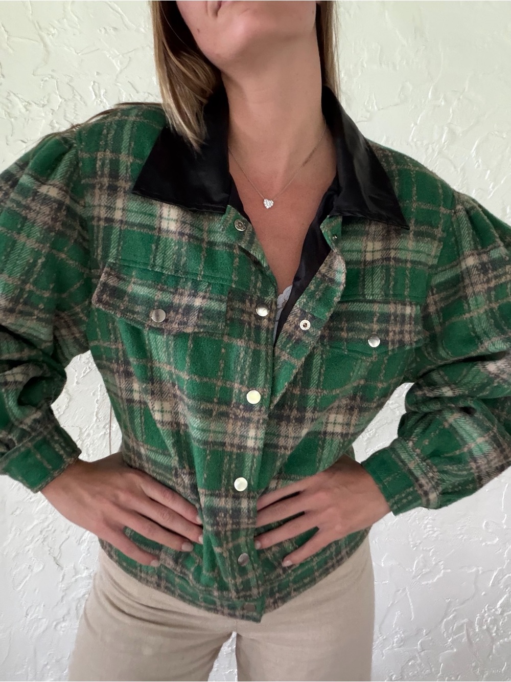 Cider Green Plaid Jean Jacket with Black Collar